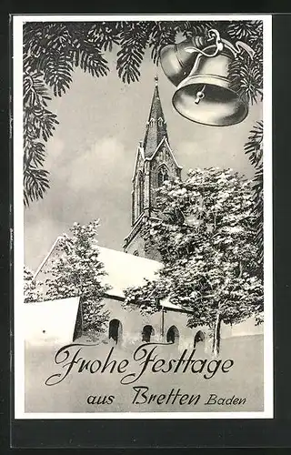 AK Bretten / Baden, Kirche mit Glocken im Winter
