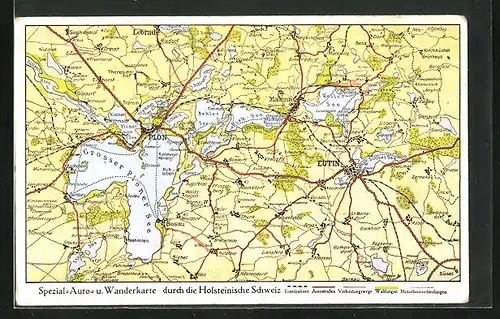 AK Plön, Spezial-Auto- u. Wanderkarte durch die Holst. Schweiz, Forsthaus am Uglei Inh. Erich Fischer, Landkarte