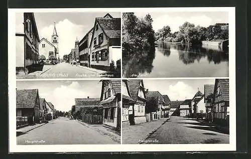 AK Neuburg a. Rhein, Kirche und Schulhaus, Hauptstrasse, die Kehl