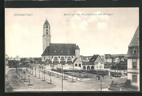 AK Darmstadt, Blick auf die Pauluskirche mit Anlagen