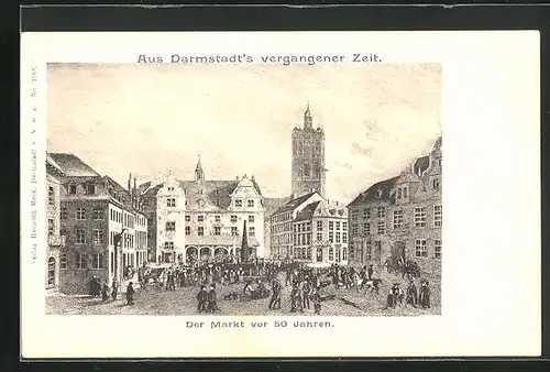 Künstler-AK Darmstadt, Der Markt mit Brunnen vor 50 Jahren