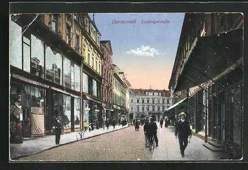 AK Darmstadt, Ludwigstrasse mit Bottinger`s Brauerei und Geschäften