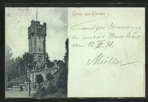 Mondschein-AK Hameln, Blick zum Klütthurm