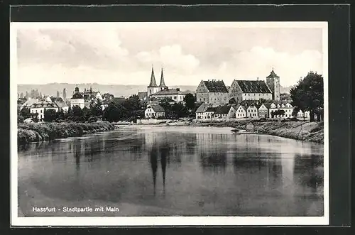 AK Hassfurt / Main, Blick vom Fluss zum Ort