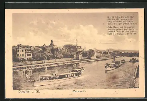 AK Hassfurt / Main, Ortspartie am Mainufer, Fähre und Dampfer