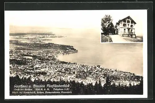 AK Grub /Heiden, Gasthaus Fünfländerblick, Blick auf Rorschach, Arbon, Romanshorn, Konstanz