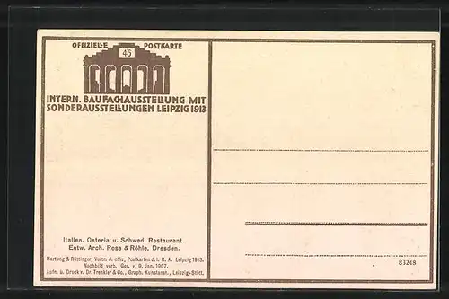 AK Leipzig, Intern. Baufach-Ausstellung 1913, Italienische Osteria & Schwedisches Restaurant