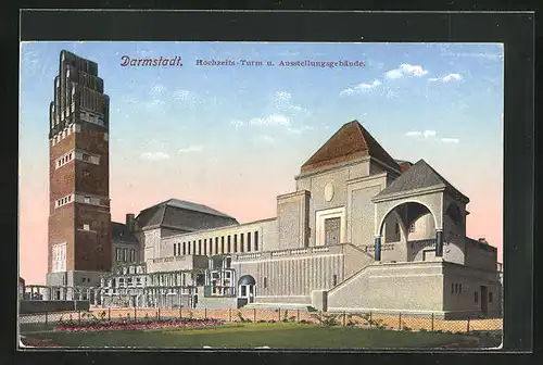 AK Darmstadt, Hochzeitsturm und Ausstellungsgebäude bei Dämmerung