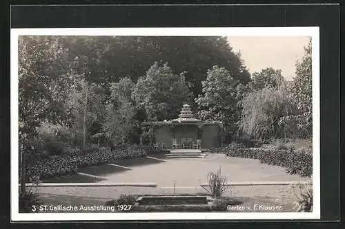 AK St. Gallische Ausstellung 1927, Garten mit Pavillon