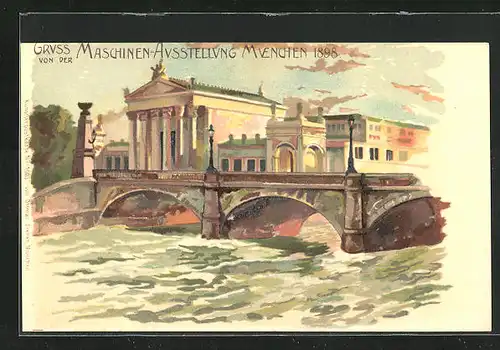 Künstler-AK München, Maschinen-Ausstellung 1898, Brücke