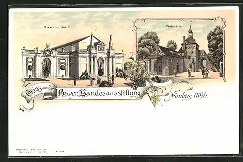 Lithographie Nürnberg, Bayer. Landes-Ausstellung 1896, Weinhaus & Maschinenhalle