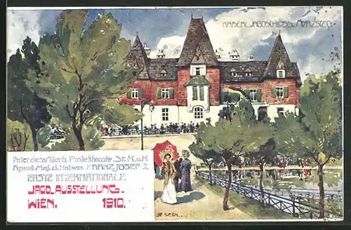 Künstler-AK Wien, I. Intern. Jagd-Ausstellung 1910, Kaiserl. Jagdschloss Mürzsteg