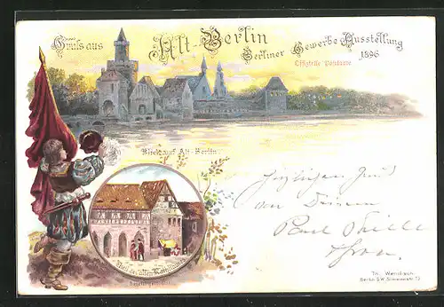 Lithographie Berlin, Gewerbe-Ausstellung 1896, Alt-Berlin, Mann mit Fahne