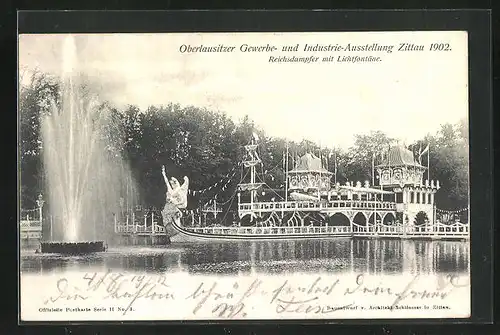 AK Zittau, Oberlausitzer Gewerbe- & Industrie-Ausstellung 1902, Reichsdampfer mit Lichtfontaine