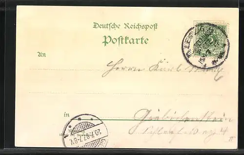 Lithographie Leipzig, Sächsisch-Thüringische Industrie-u. Gewerbe-Ausstellung 1897, Bauernhaus, Brücke
