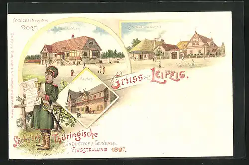 Lithographie Leipzig, Sächsische-Thüringische Industrie-u. Gewerbe-Ausstellung 1897, Gasthof, Gemeindehaus