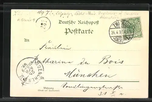 Lithographie Leipzig, Sächsische-Thüringische Industrie-u. Gewerbe-Ausstellung 1897, Rathaus auf dem Naschmarkt