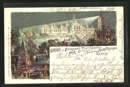 Lithographie Leipzig, Sächsische-Thüringische Industrie-u. Gewerbe-Ausstellung 1897, Haupthalle am Abend