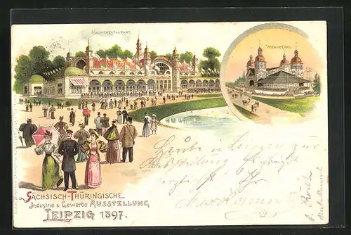 Lithographie Leipzig, Sächsische-Thüringische Industrie-u. Gewerbe-Ausstellung 1897, Hauptrestaurant, Wiener Café