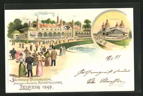 Lithographie Leipzig, Sächsische-Thüringische Industrie-u. Gewerbe-Ausstellung 1897, Wiener Café, Hauptrestaurant