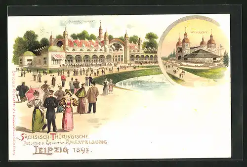Lithographie Leipzig, Sächsische-Thüringische Industrie-u. Gewerbe-Ausstellung 1897, Hauptrestaurant, Wiener Café