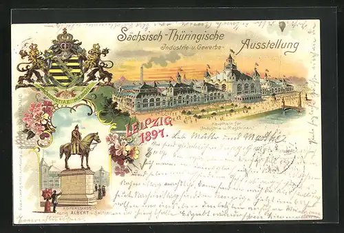 Lithographie Leipzig, Sächsische-Thüringische Industrie-u. Gewerbe-Ausstellung 1897, Haupthalle der Industrie, Wappen