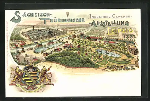 Lithographie Leipzig, Sächsische-Thüringische Industrie-u. Gewerbe-Ausstellung 1897, Ausstellungsgelände, Wappen