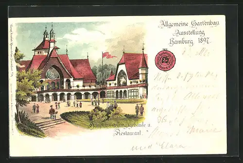 Lithographie Hamburg, Allgemeine Gartenbau-Ausstellung 1897, Restaurant mit Hauptausstellungsgebäude
