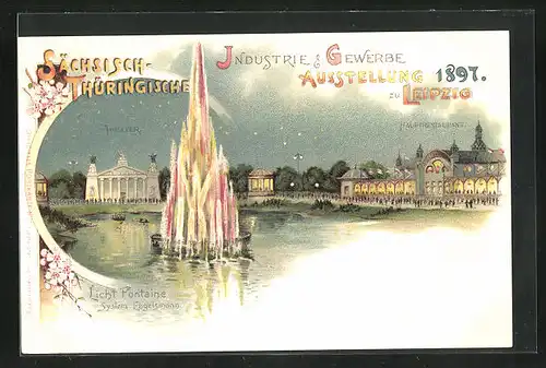 Lithographie Leipzig, Sächsische-Thüringische Industrie-u. Gewerbe-Ausstellung 1897, Hauptrestaurant mit Fontaine