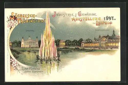Lithographie Leipzig, Sächsische-Thüringische Industrie-u. Gewerbe-Ausstellung 1897, Theater mit Licht-Fontaine