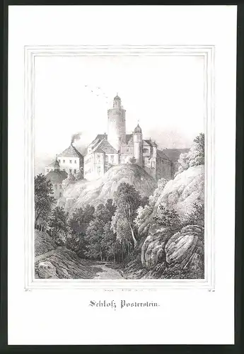 Lithographie Posterstein, Schloss mit Fluss, Lithographie um 1835 aus Saxonia