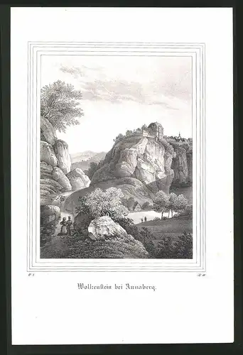 Lithographie Annaberg, Wolkenstein mit Fluss, Lithographie um 1835 aus Saxonia