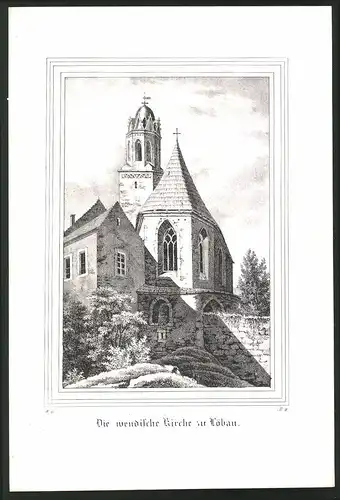 Lithographie Löbau, Die wendische Kirche, Lithographie um 1835 aus Saxonia
