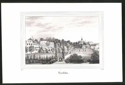 Lithographie Kreischa, Park mit Kirche und Brücke, Lithographie um 1835 aus Saxonia