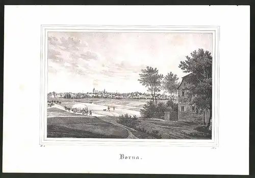 Lithographie Borna, Panorama, Lithographie um 1835 aus Saxonia