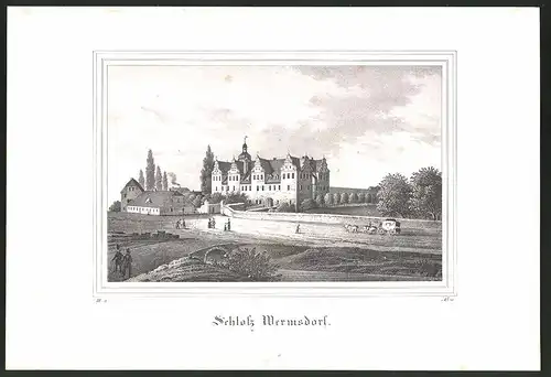 Lithographie Wermsdorf, Schloss mit Pferdekutsche, Lithographie um 1835 aus Saxonia