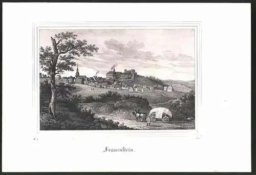 Lithographie Frauenstein, Ortsansicht mit Pferdekarre, Lithographie um 1835 aus Saxonia