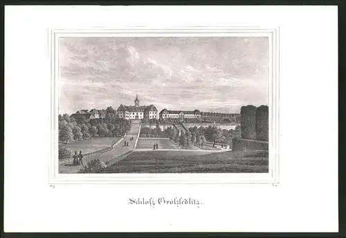 Lithographie Grosssedlitz, Schloss mit Brücke, Lithographie um 1835 aus Saxonia