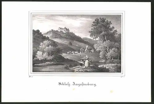 Lithographie Augustusburg, Schloss mit Fluss, Lithographie um 1835 aus Saxonia