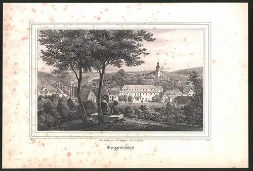 Lithographie Berggiesshübel, Totalansicht vom Ort, Lithographie um 1835 aus Saxonia