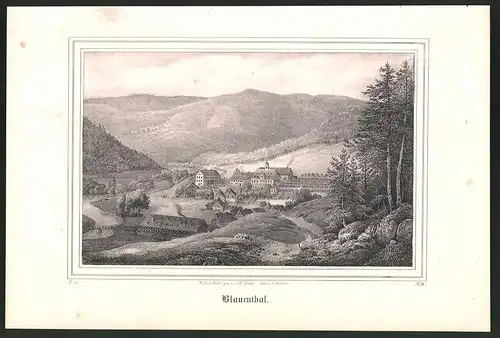 Lithographie Blauenthal, Gesamtansicht, Lithographie um 1835 aus Saxonia