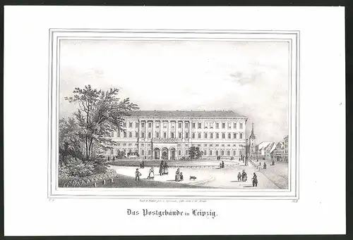 Lithographie Leizpig, Das Postgebäude, Lithographie um 1835 aus Saxonia
