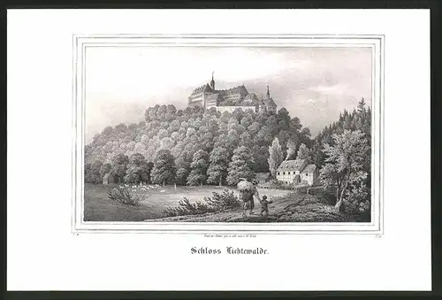 Lithographie Lichtewalde, Schloss mit Tieren, Lithographie um 1835 aus Saxonia