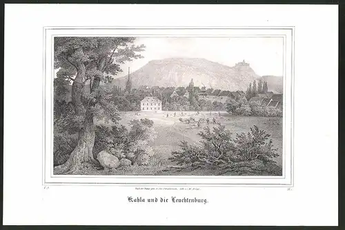 Lithographie Kahla, Ortsansicht mit der Leuchtenburg, Lithographie um 1835 aus Saxonia