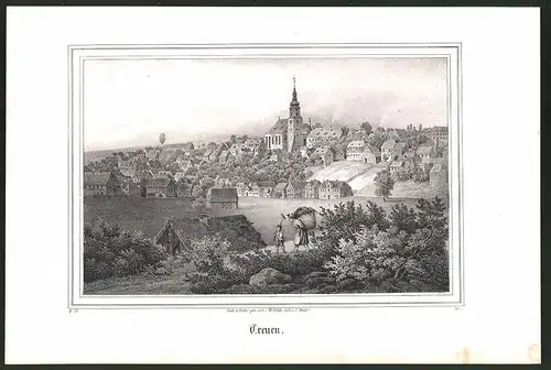 Lithographie Treuen, Totalansicht vom Ort, Lithographie um 1835 aus Saxonia