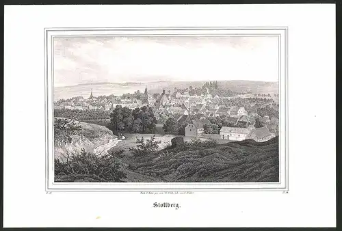 Lithographie Stollberg, Panorama, Lithographie um 1835 aus Saxonia