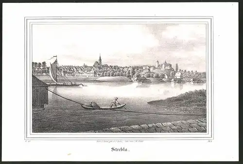Lithographie Strehla, Ortsansicht mit Schiffe, Lithographie um 1835 aus Saxonia