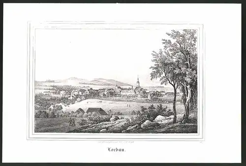Lithographie Loebau, Gesamtansicht, Lithographie um 1835 aus Saxonia