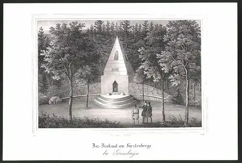 Lithographie Fürstenberg, Denkmal mit Wanderer, Lithographie um 1835 aus Saxonia