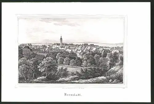 Lithographie Bernstadt, Totalansicht mit See, Lithographie um 1835 aus Saxonia